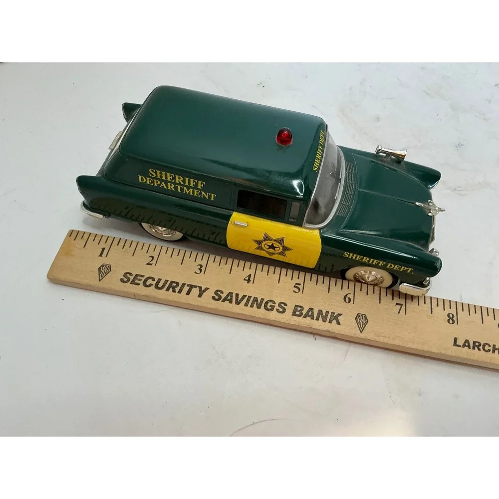 Vintage Sheriff Department Patrol Wagon Green Yellow 7.5 Inch Toy Car